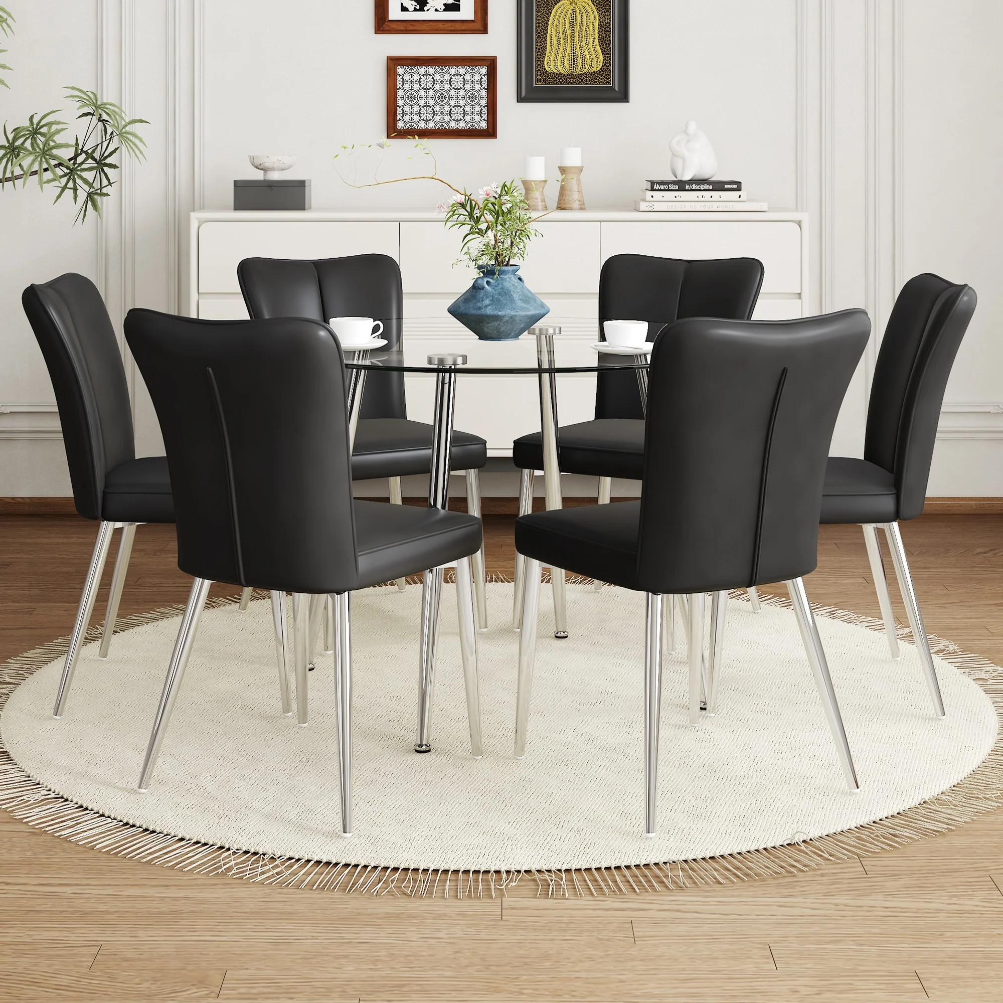 Modern Style Dining Set with Round Transparent Tempered Glass Table and PU Upholstered Dining Chairs