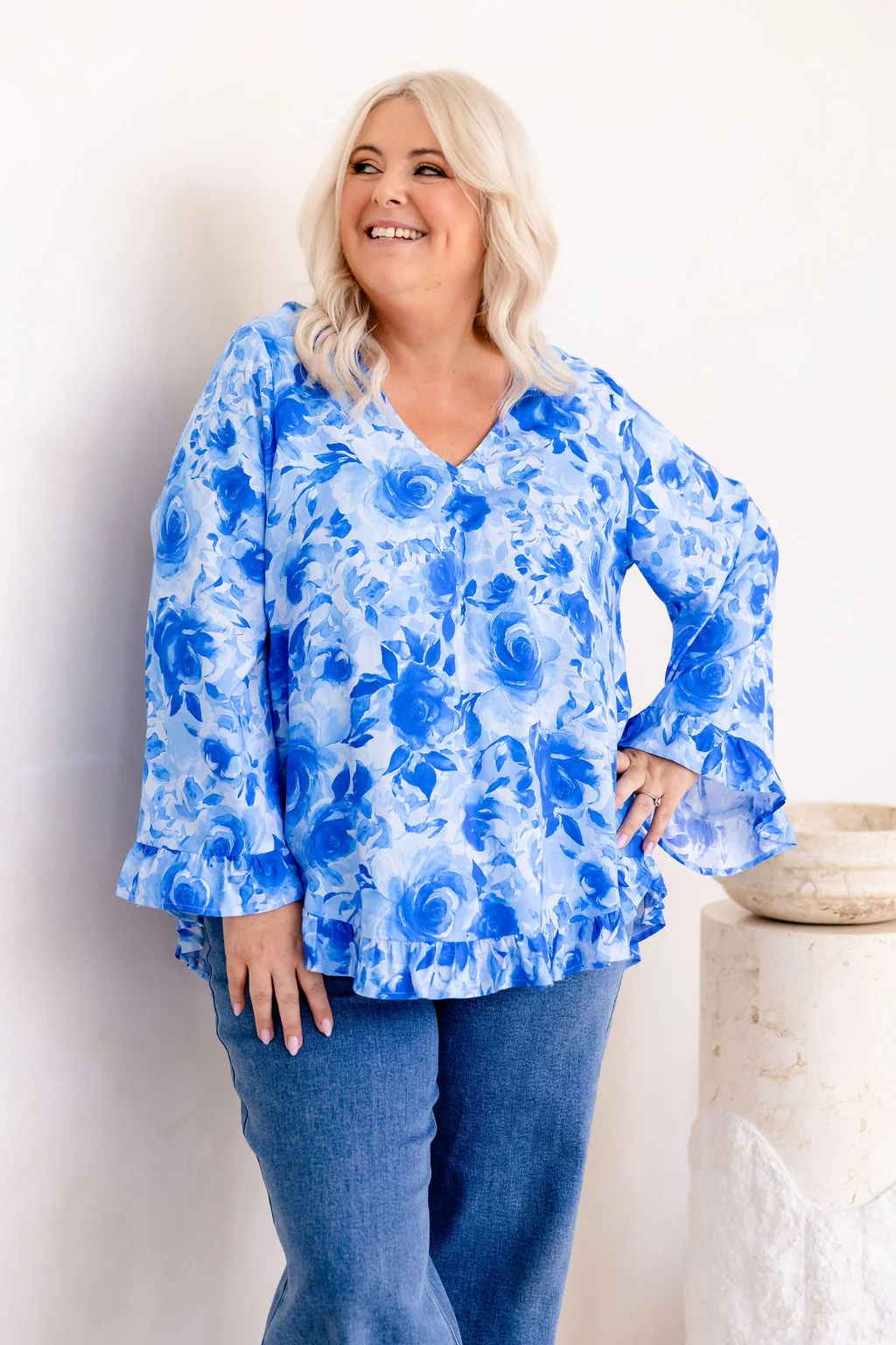 Natalie Long Sleeve Top in Blue Roses