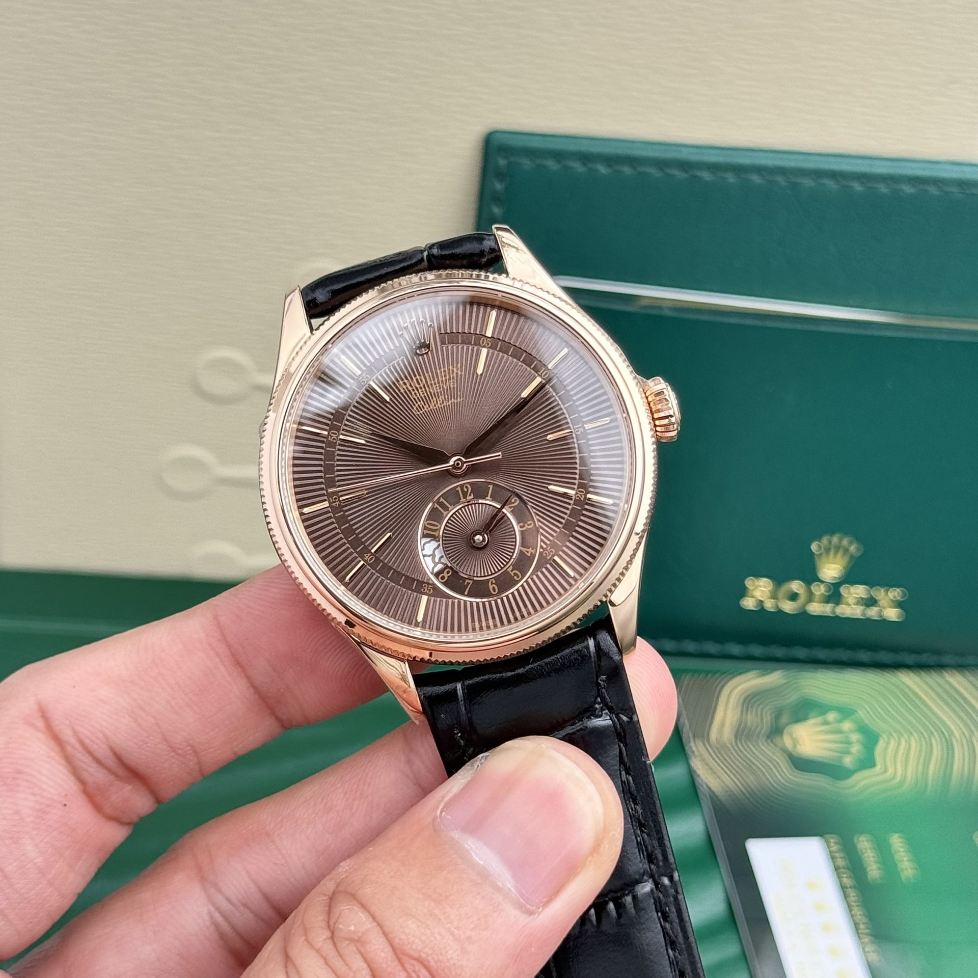 Rolex Cellini 50525 RG Plated Chocolate Dial 39mm Leather AAA Replica