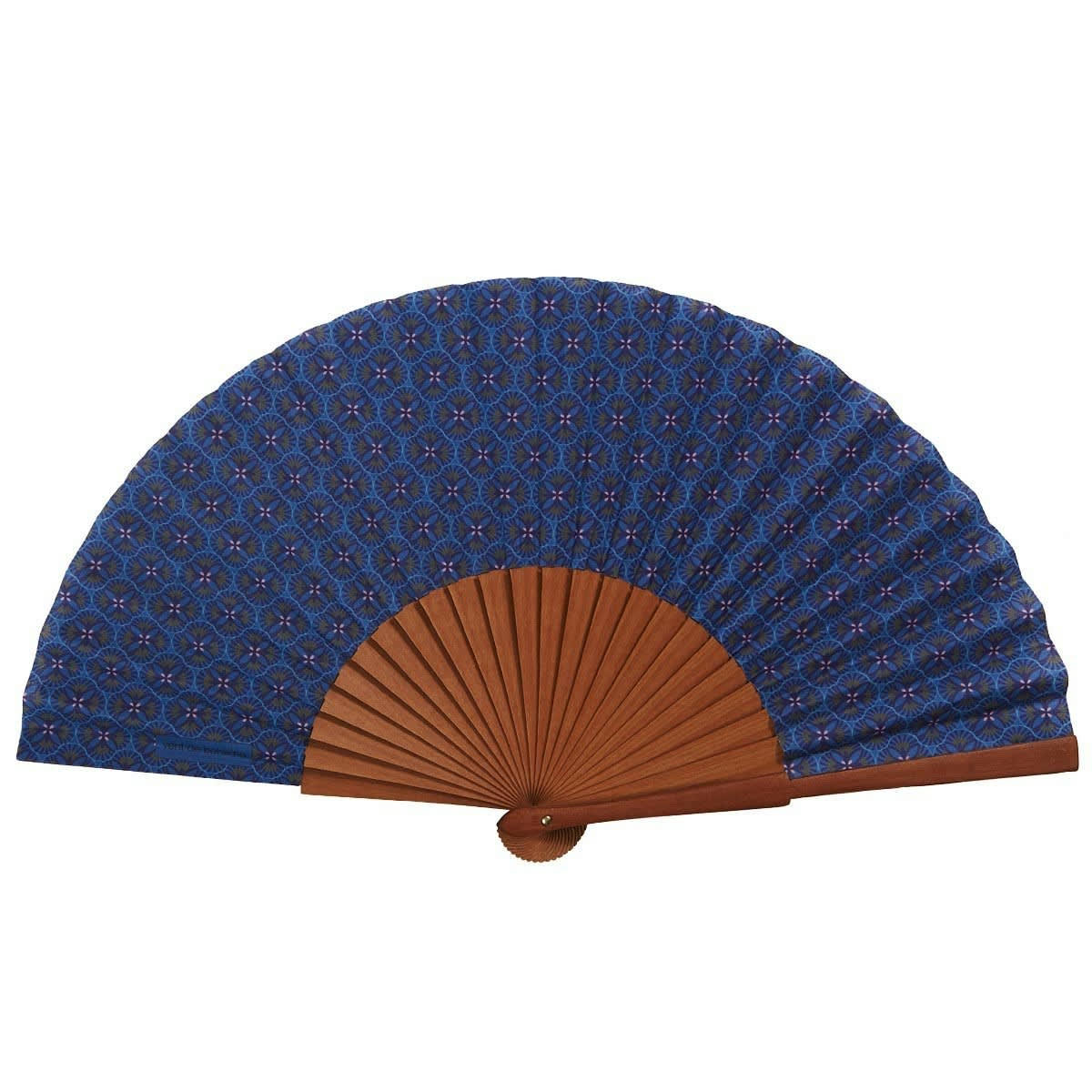 LOTUS - Éventail en bois de merisier et coton imprimé graphique bleu