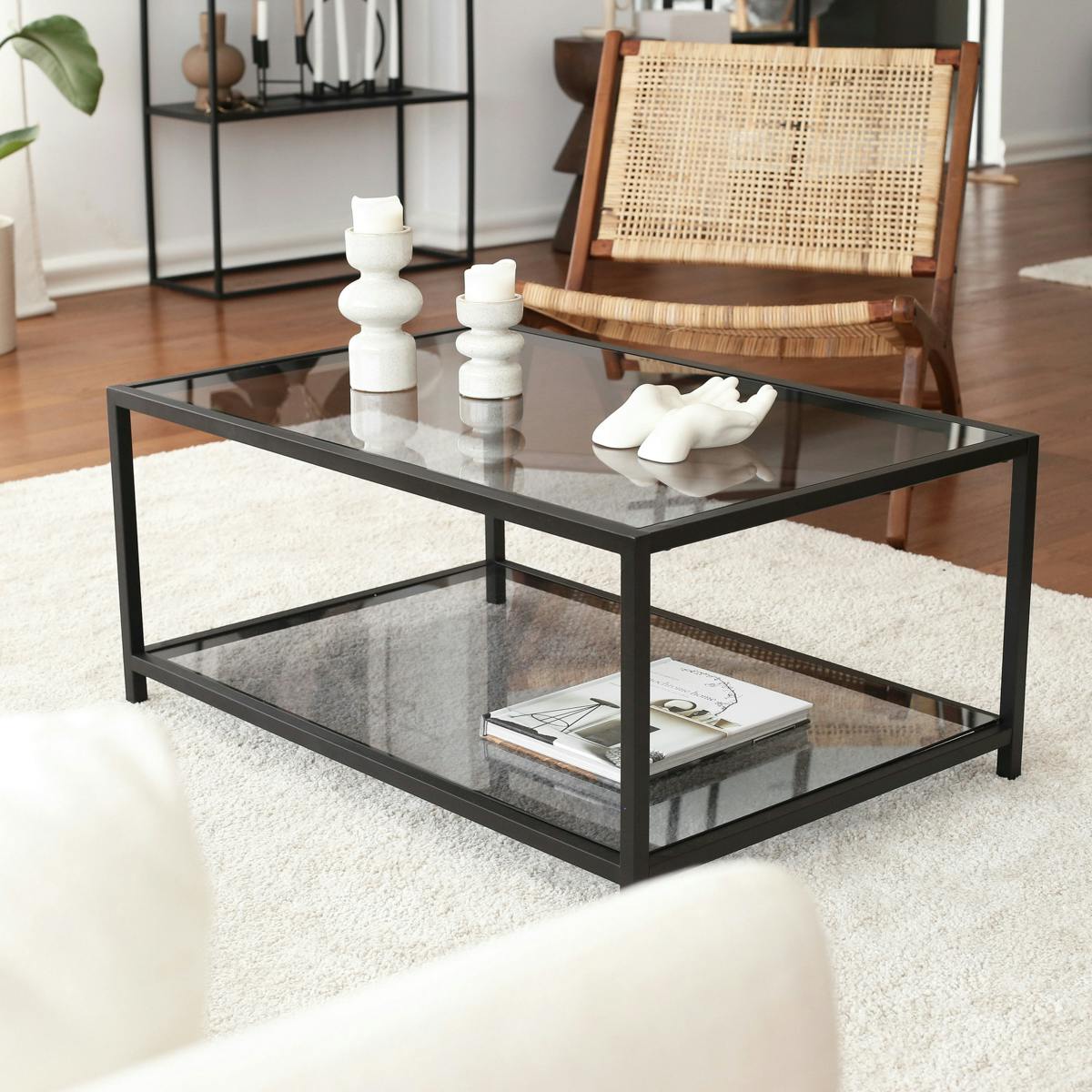 Table basse en verre fumé rectangulaire, 2 plateaux TULUM