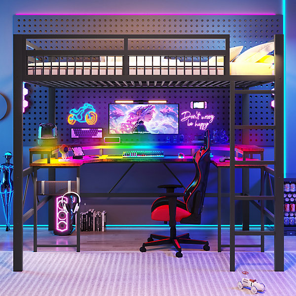 Lit Mezzanine 140x200 cm-Bureau Intégré, éclairage LED Réglable et Panneau Perforé, Ports USB, Type-C et 2 Prises - Métal/MDF Noir