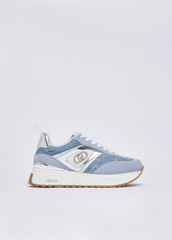 Sneakers platform in denim stampato