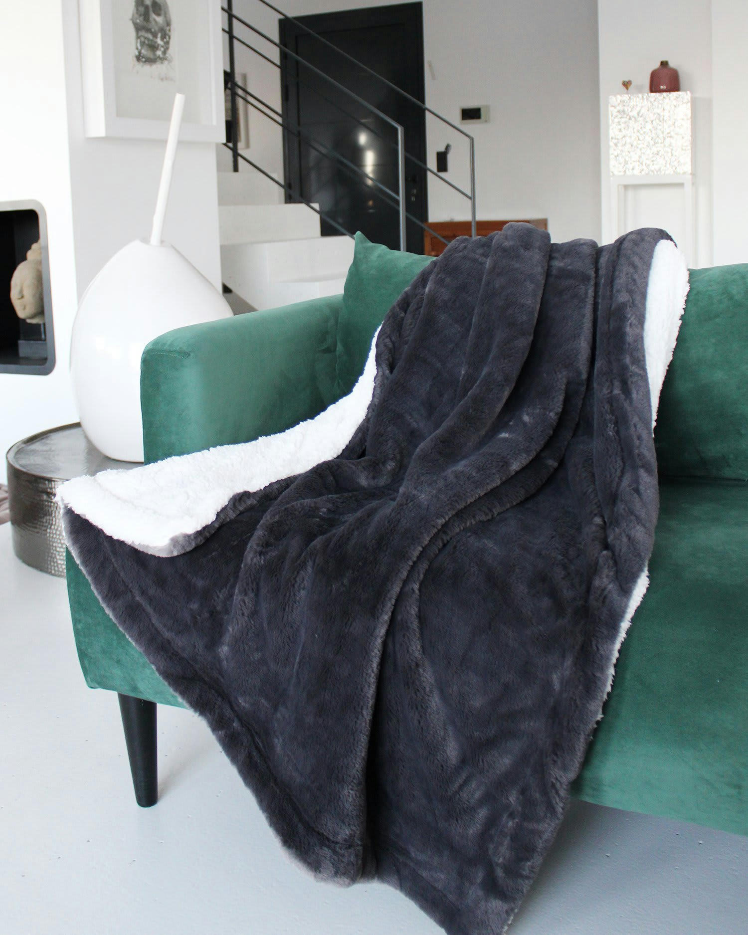 LAPIN - Plaid polaire doublé imitation "Lapin" Gris Anthracite 130x170cm