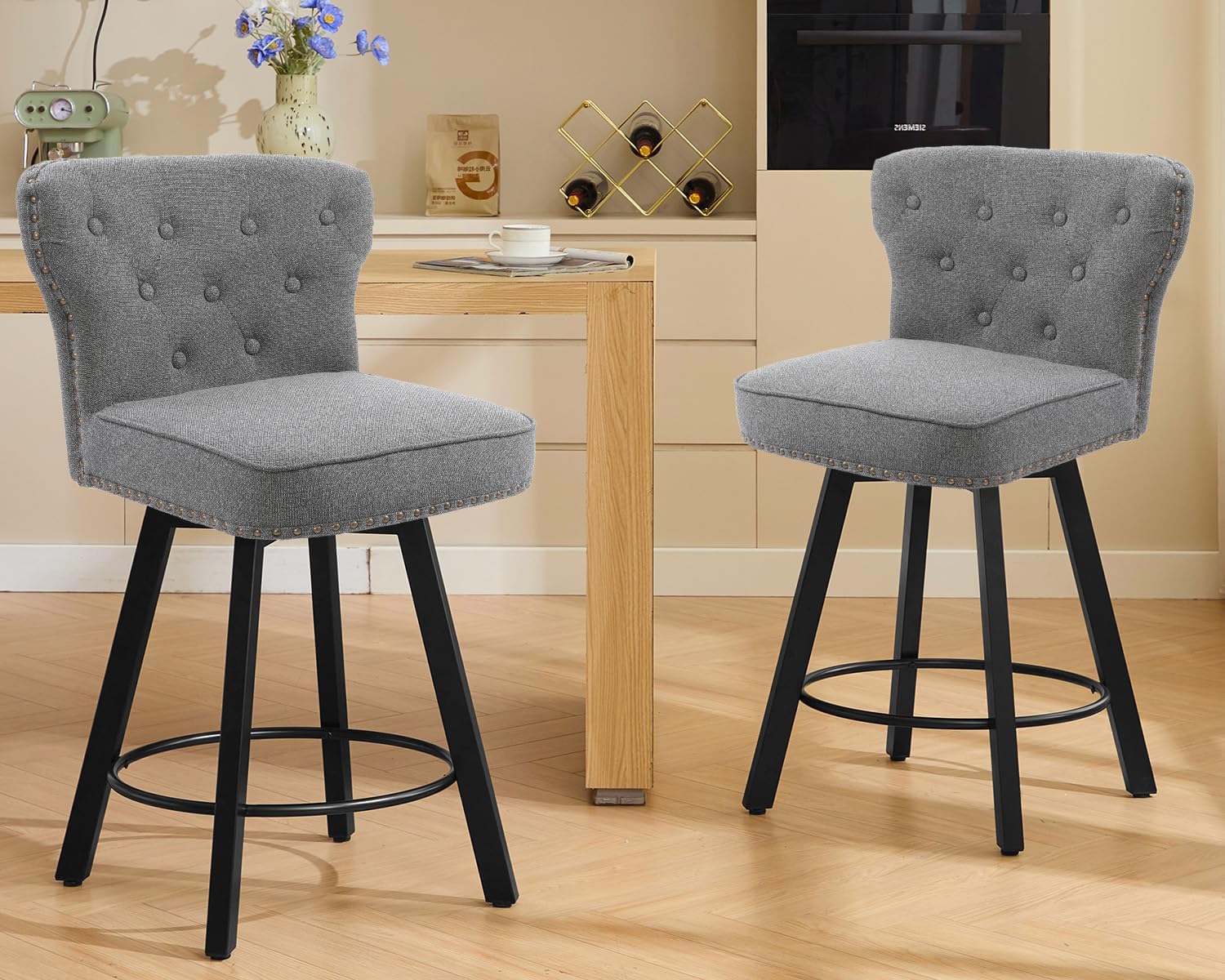 Counter Height Bar Stools Set of 2, 26 Mid-Century Swivel Bar Stool with Metal Base for Kitchen Island, Rivet Armless Linen Fabric Barstool with High Back and Large Thick Cushion, Gray