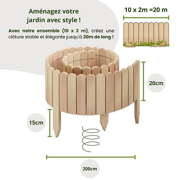 Clôture en bois flexible - Floranica - 20 m - Non Traitée - Beige - 2 m x 20 cm