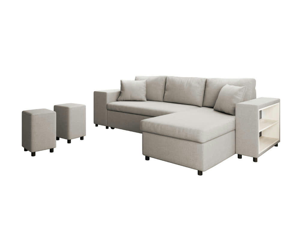 MADY - Canapé d'angle convertible beige avec rangement poufs à gauche