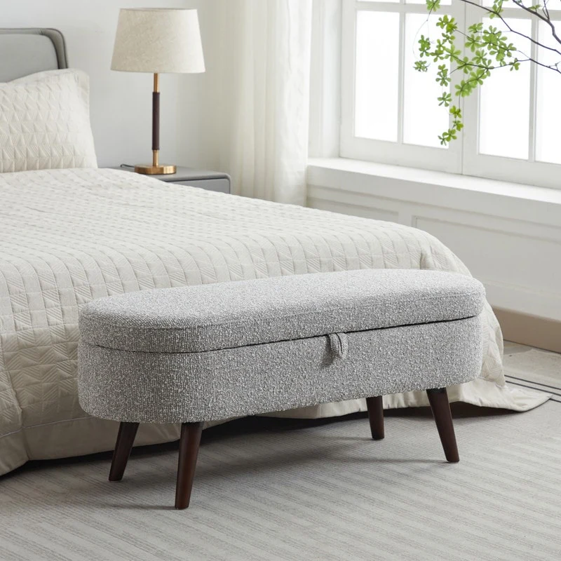 44 Beige Boucle Storage Ottoman Bench for Living Room Bedroom,Oval Storage Bench Ottoman Foot Rest Wood Legs