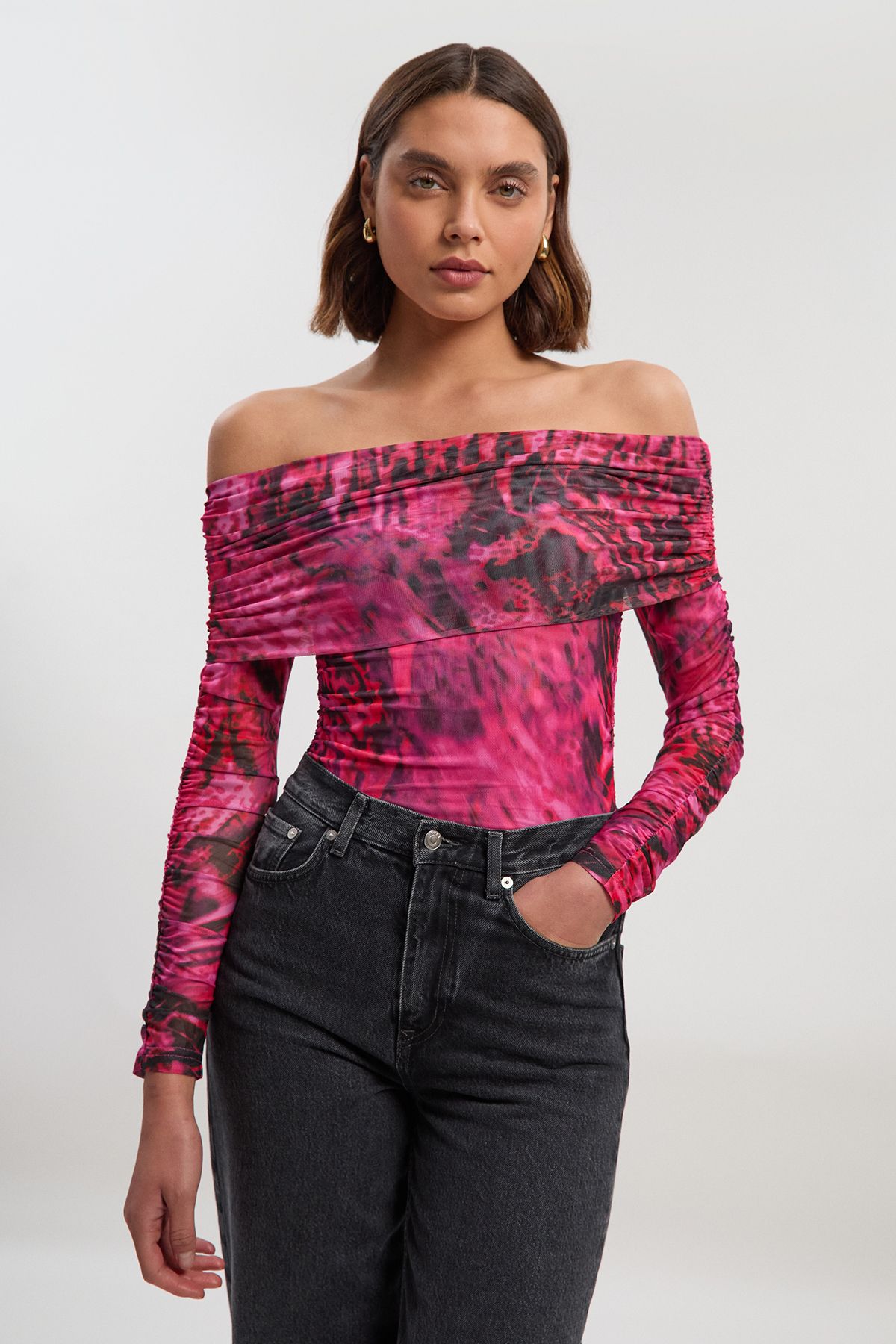 KarenMillen Animal Print Off The Shoulder Ruched Bodysuit
