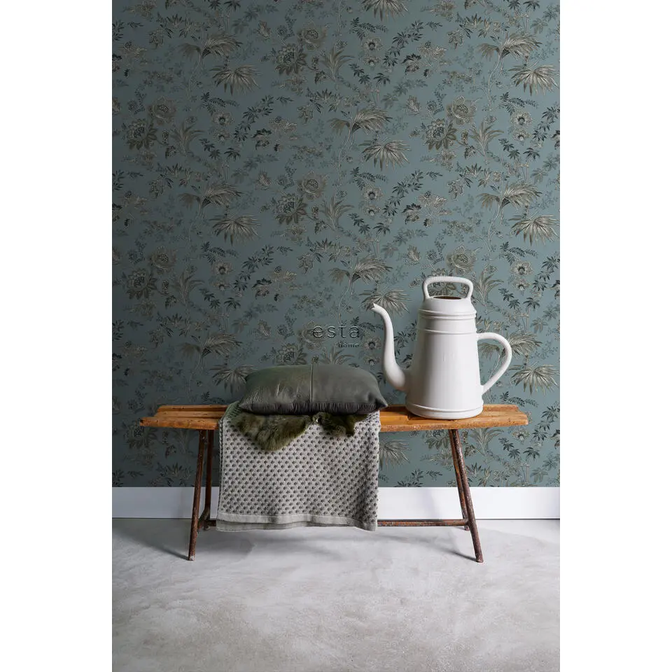 ESTAhome behang vintage bloemen vintage blauw - 50 x 900 cm