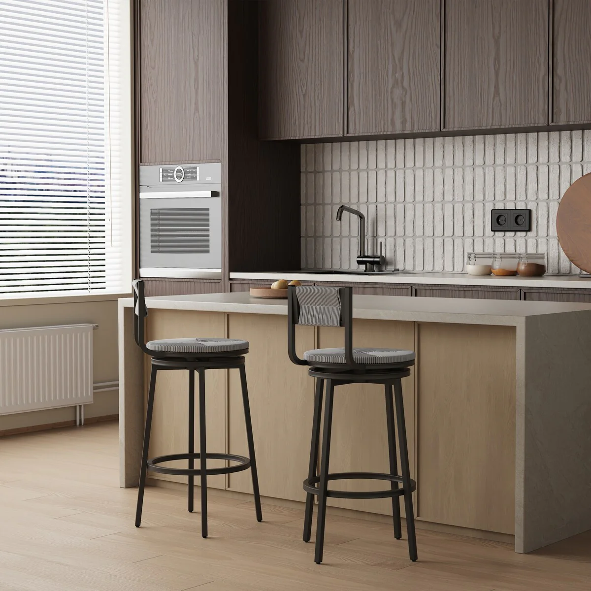 Gray Set of 2 Counter Height Bar Stools with Footrest Swivel Hand Weaving Dining Chairs Farmhouse Armless Kitchen Barstools