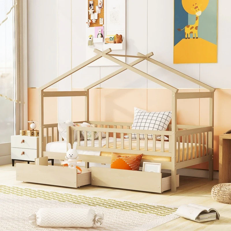 Twin House Bed with 2 Storage Drawers,Rails and Roof for Kids