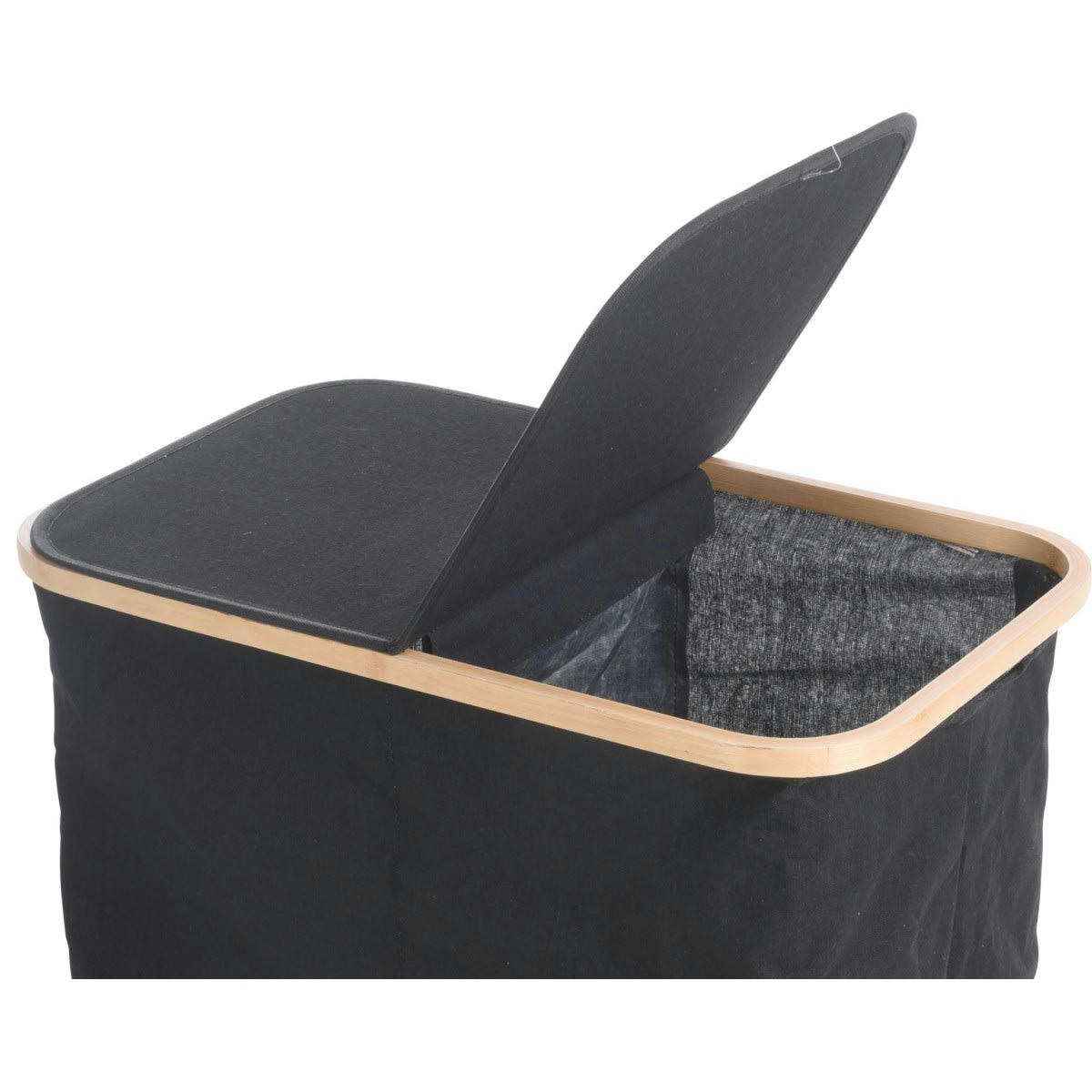 DOUBLE - Panier à linge 2 compartiments tissu noir et bambou H51cm