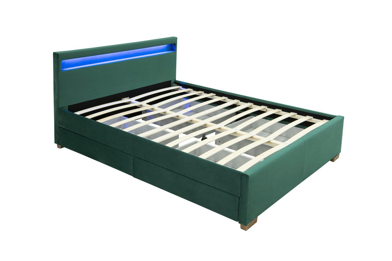 ENFIELD - Structure de lit en velours vert avec rangements et LED intégrées 140x