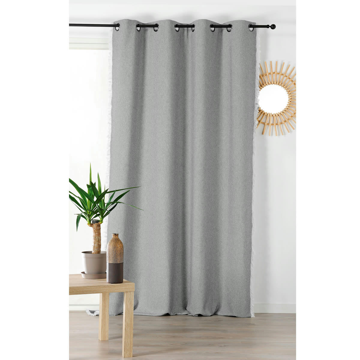 - Rideau uni gris recyclé à franges