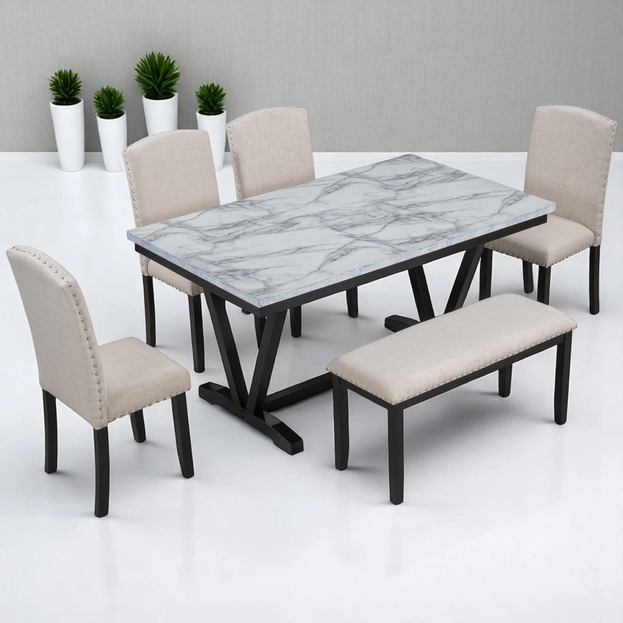Modern 6-Piece Dining Table Set with Marble Veneer, 4 Upholstered Chairs & Bench, V-Shaped Table Legs for Dining Room & Kitchen