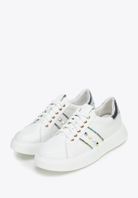 Sneakersy z imitacji skóry z ozdobami biało - srebrne