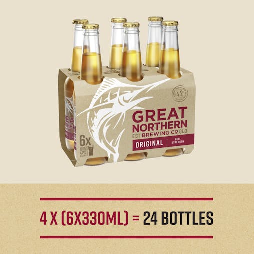 Great Northern Original Lager, Full Strength Beer, Crisp & Refreshing Finish, 4.2% ABV, 330mL (Case of 24 Bottles)