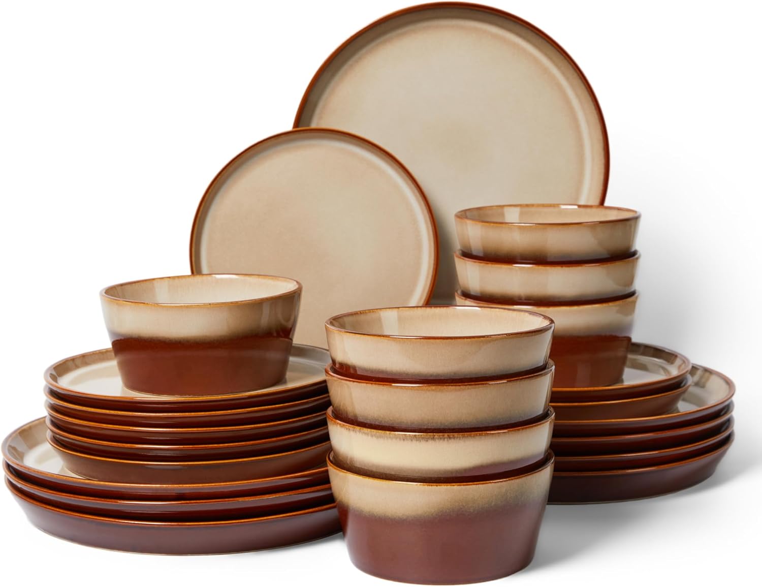 Pokini Dinnerware Set for 6, Ceramic Dish Sets, Plate and Bowl Set, Microwave & Dishwasher Safe Dishware Set, Chip & Scratch Resistant Dinner Set, Each Piece Unique, Amber Brown