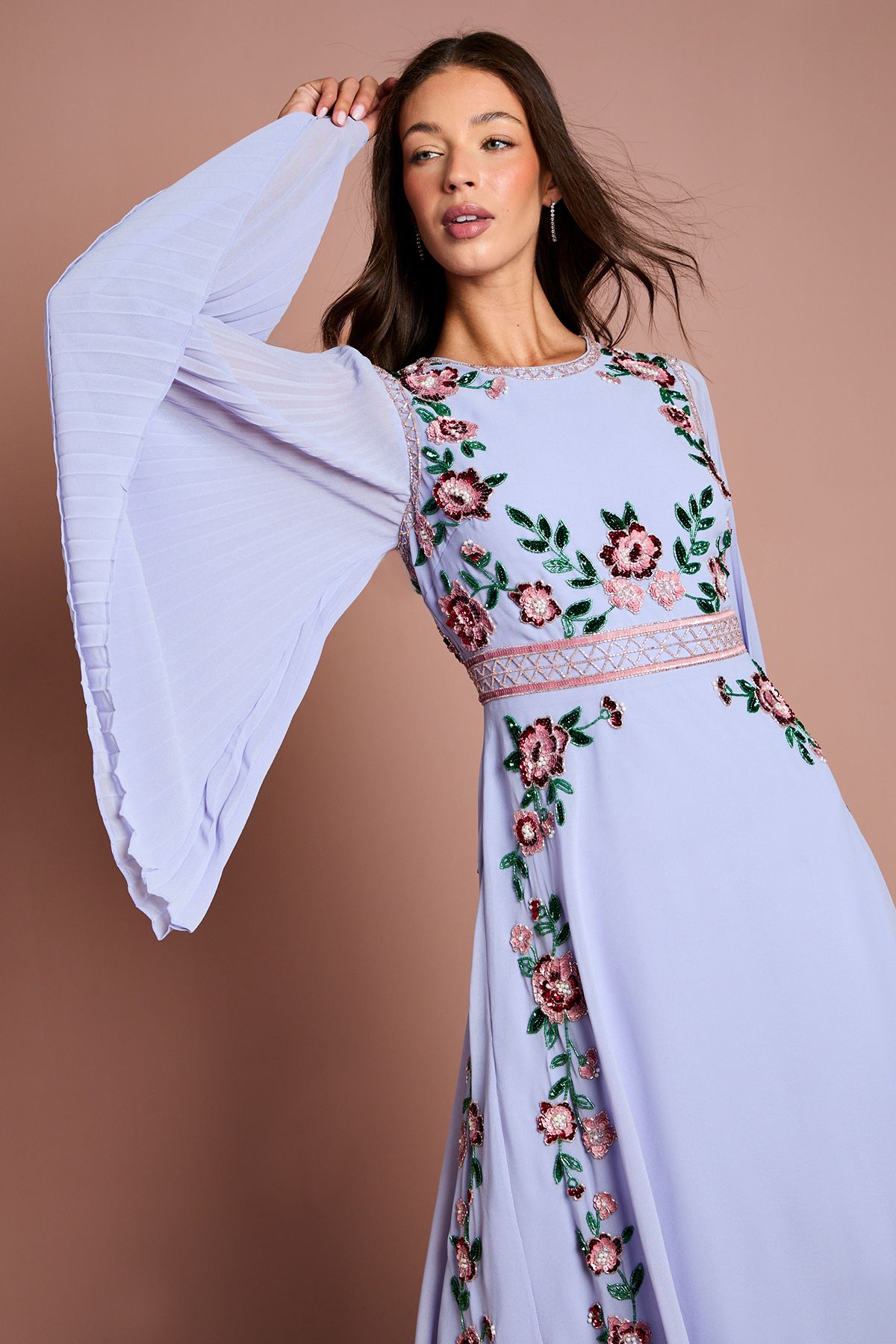 Coast Pleated Sleeve Beaded Floral Midi Dress