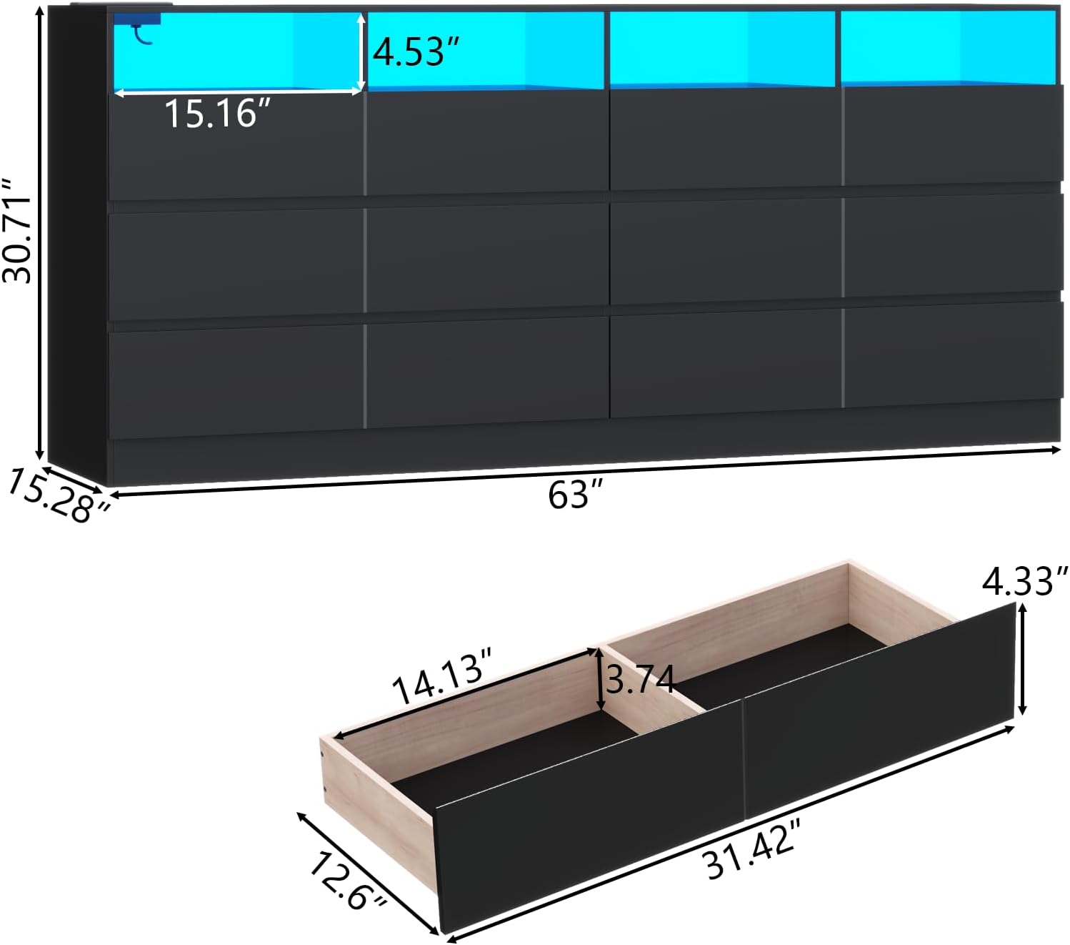 Loomie 12-Cell Divided Drawers Black Dresser with Charging Station & Led Lights for Bedroom, Long 63 Wide Dresser TV Stand for TVs up to 75, Large Dressers Organizer with 4 Open Cubbies