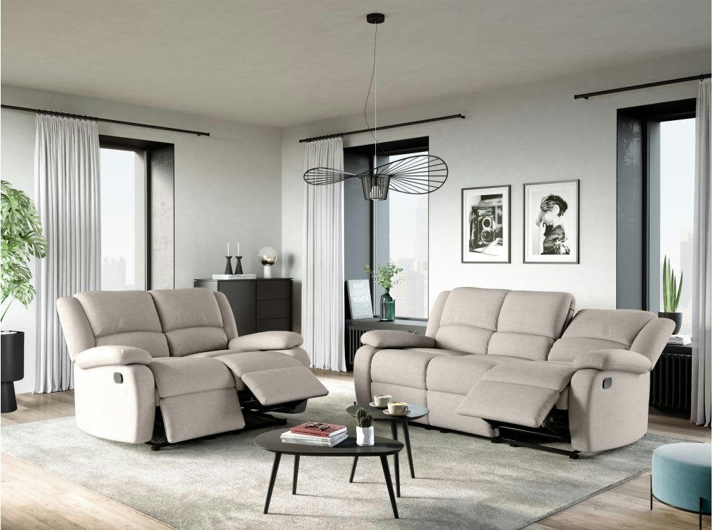 RELAXXO - Canapé Relaxation manuel LEO 3 places en Tissu - Beige