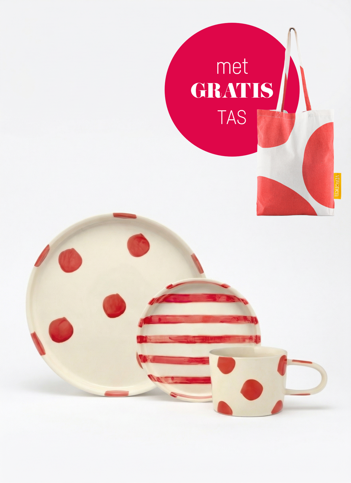 vtwonen - Serviesset - Gebaksbord, Ontbijtbord en Mok - Stippen - Rood - Keramiek - Set van 3