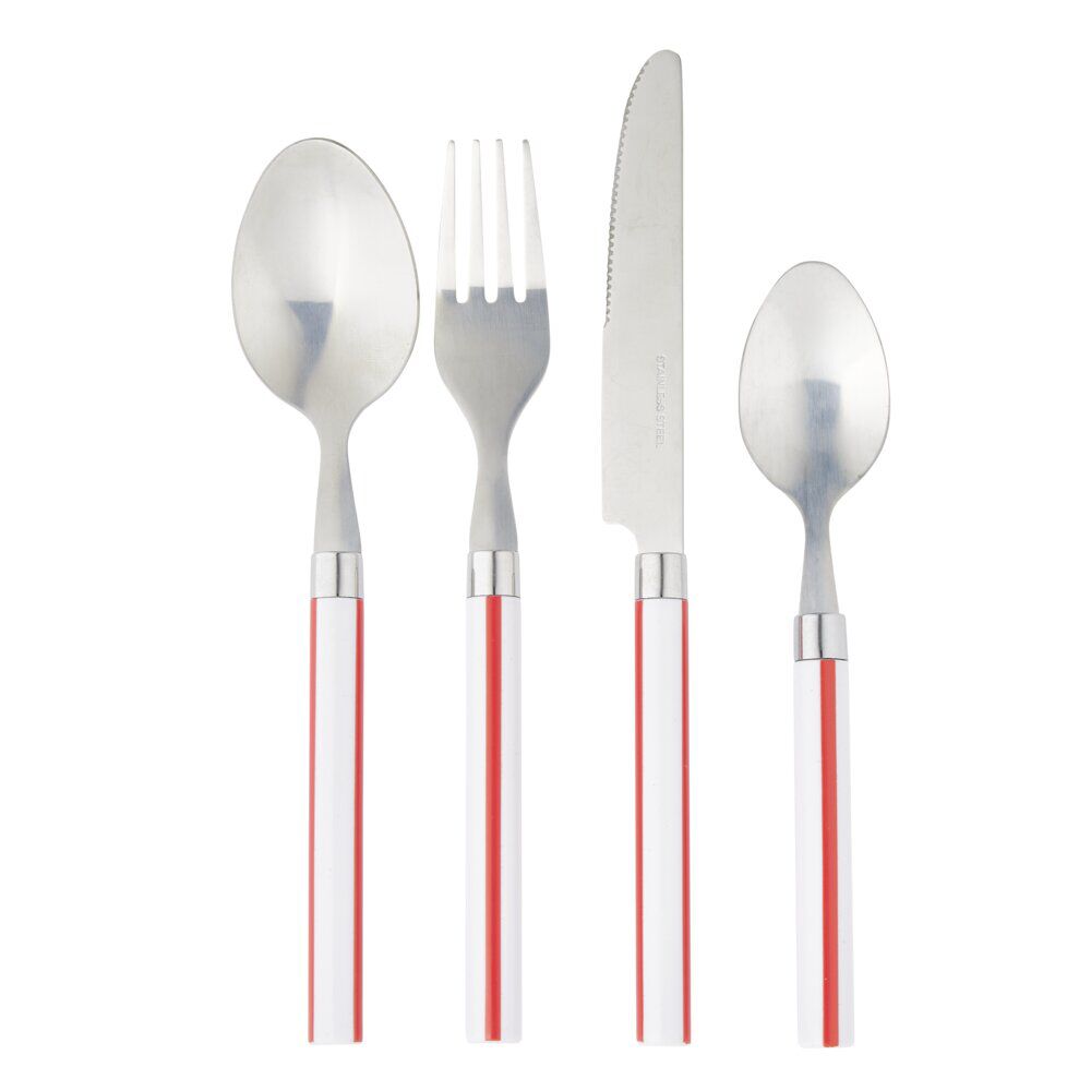 Ménagère 16 pièces inox et plastique bayadère blanc et rouge