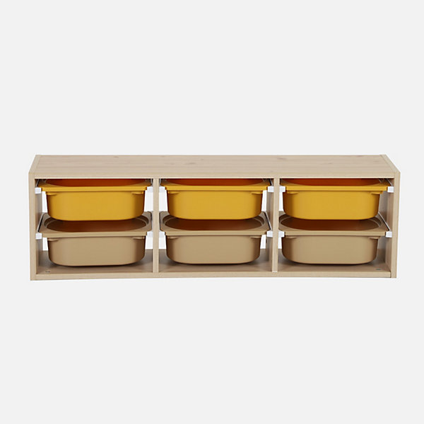 Meuble de rangement naturel pour enfant. 6 bacs en plastique moutarde taupe - Sora