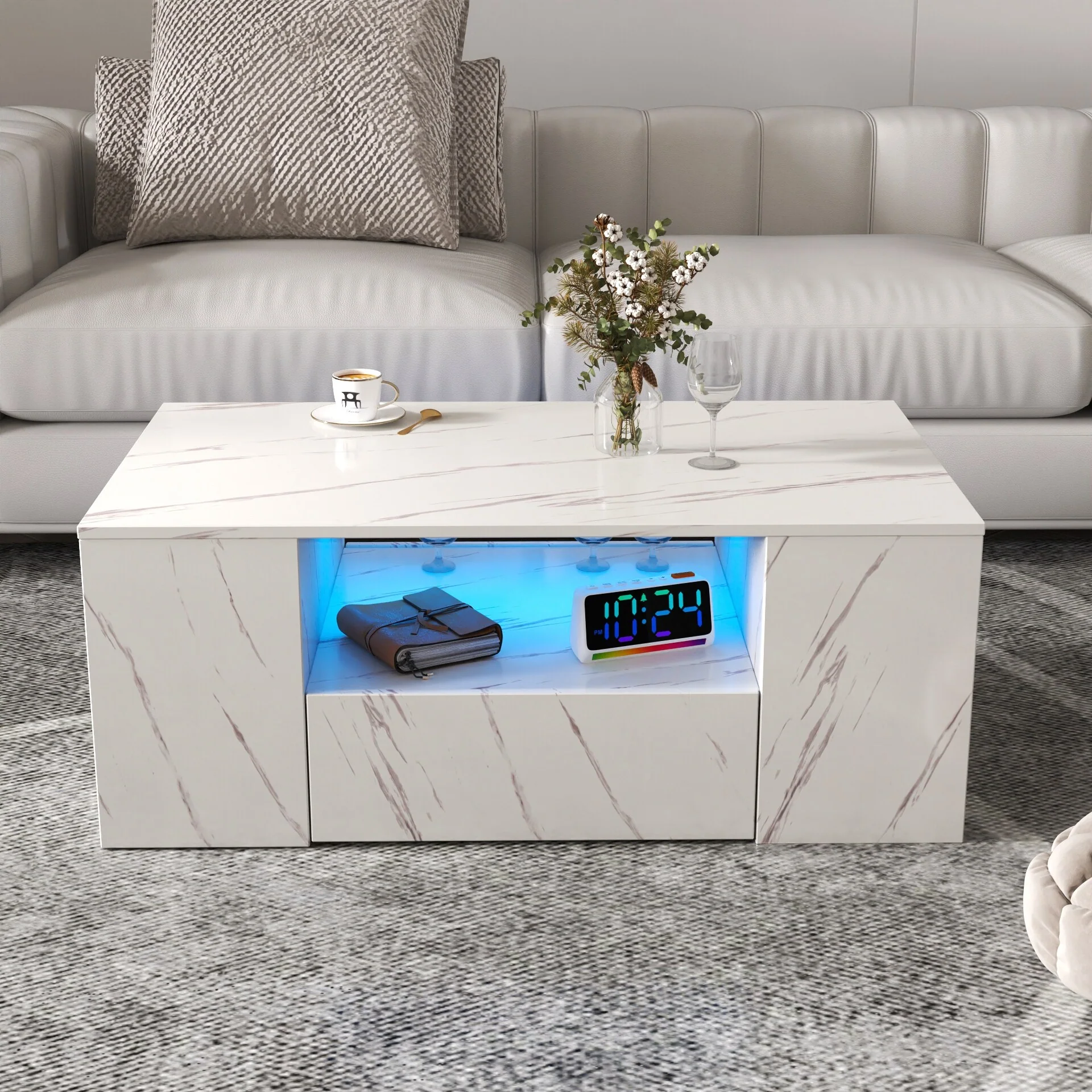 LED Coffee Tables for Living Room, Medium Storage Coffee Table, Wood Center Table with 2 Drawers and Open Side Shelf