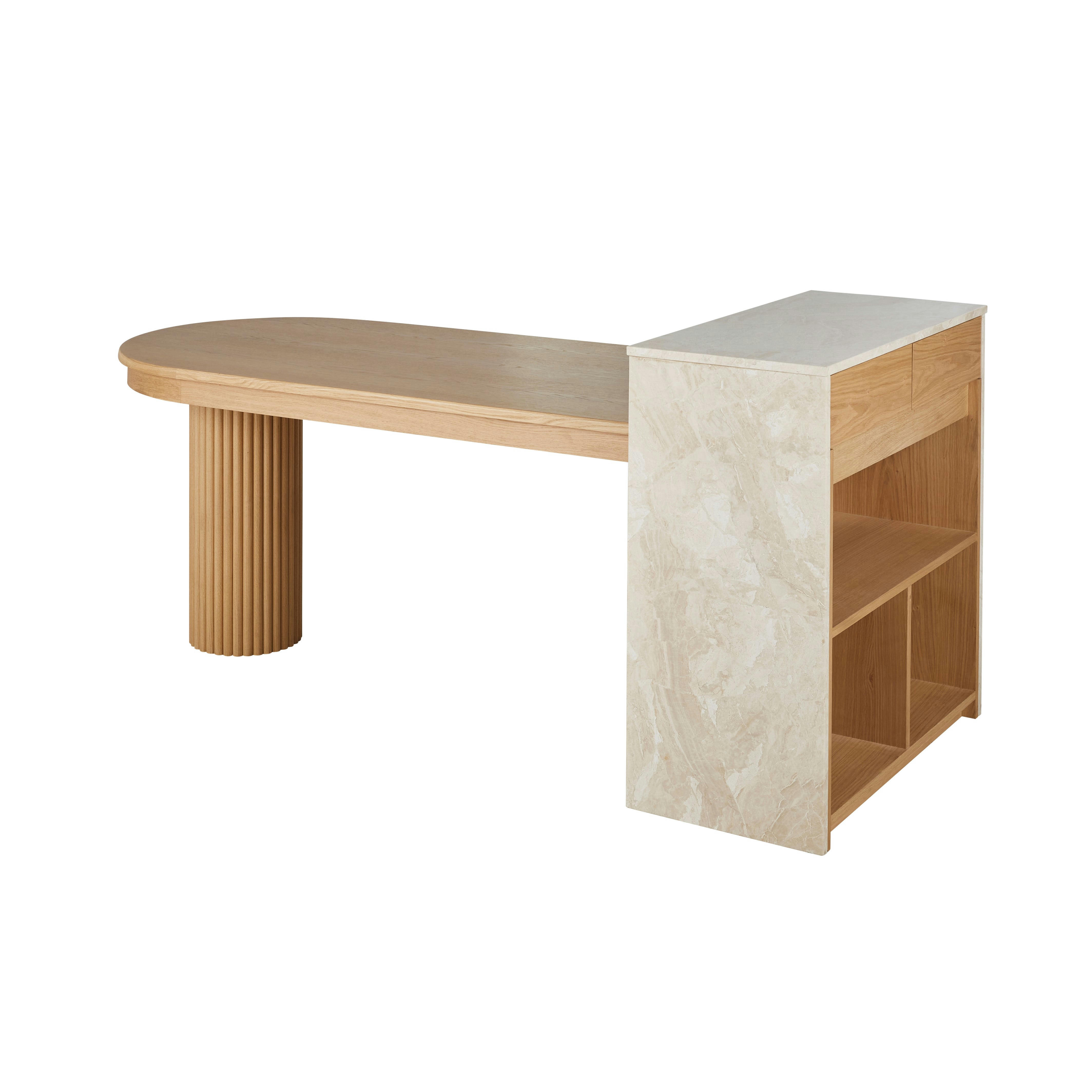 Travine - Îlot central cuisine 2 tiroirs, 1 étagère et 2 niches pied en marbre blanc