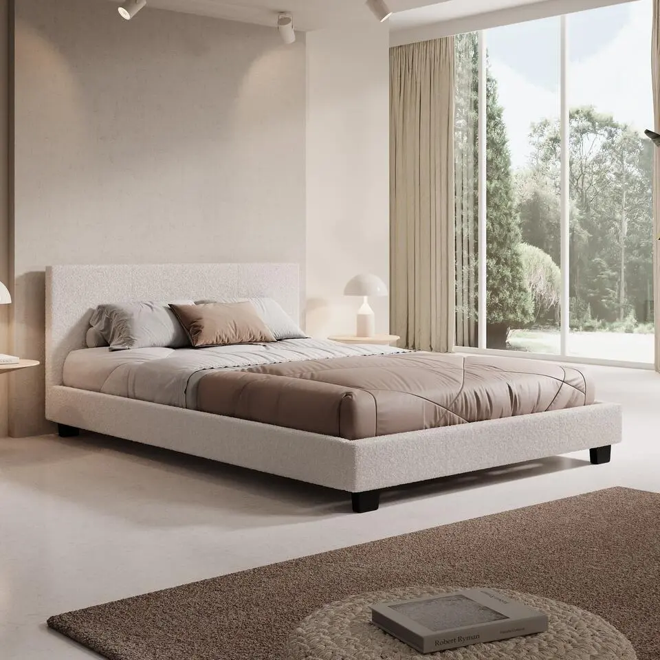 Meubella - Tweepersoonsbed George - Wit Teddystof - 140x200 cm