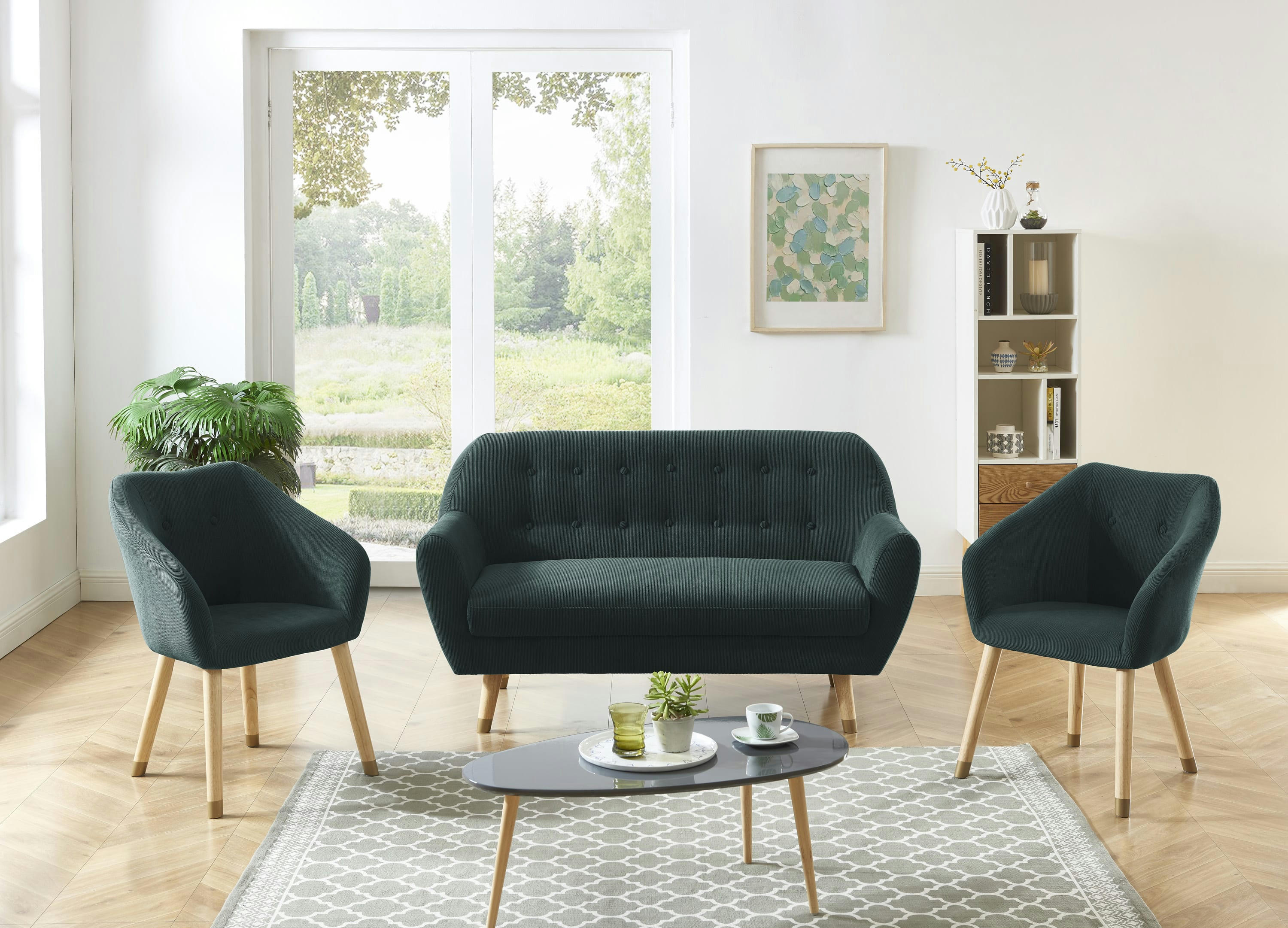 HILDA - Ensemble canapé + 2 fauteuils en velours côtelé 4 places vert