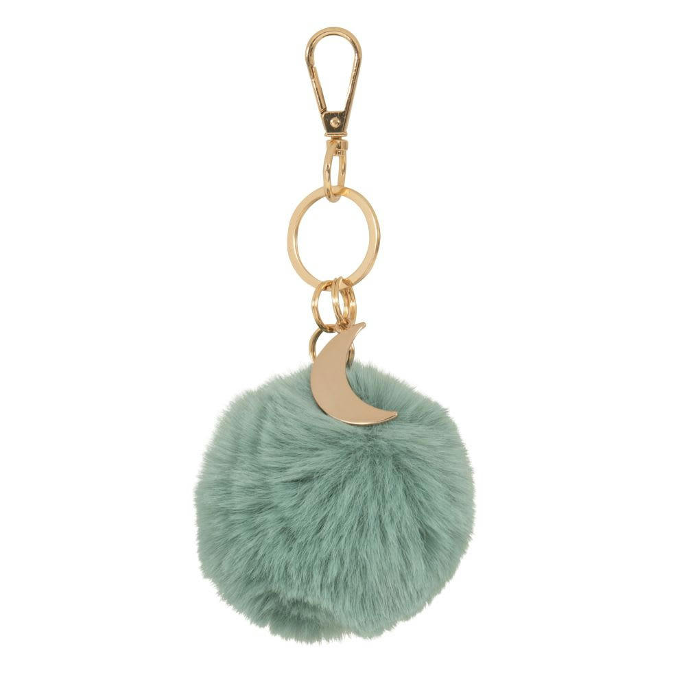 POMPON - Porte-clés pompon imitation fourrure verte et breloques dorées