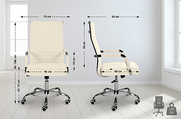 Chaise de bureau ergonomique Amadora, réglable en hauteur, pivotante 360 degrés, similicuir ou tissu. Crème/Tissu