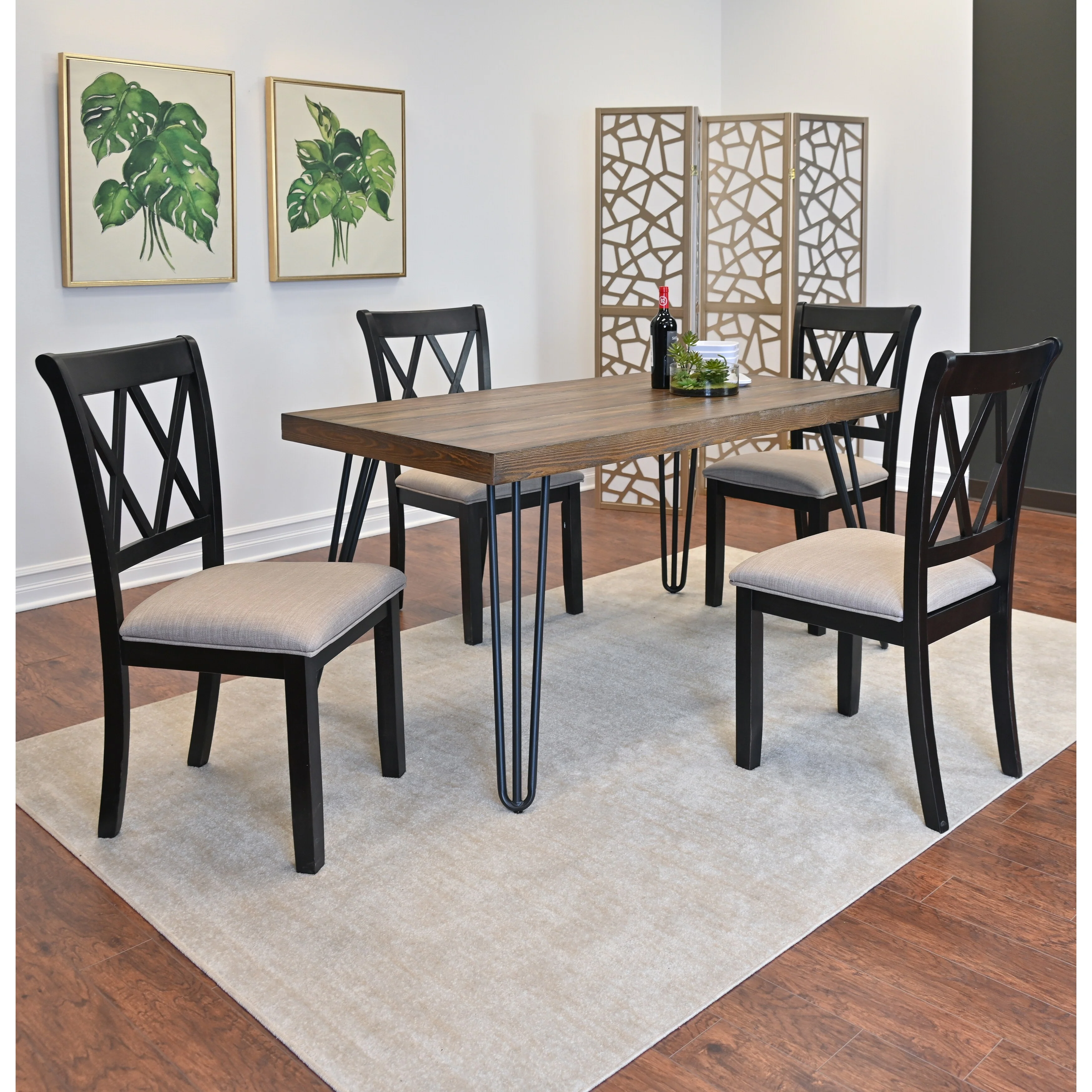 6 Piece Kitchen Table Furniture Sets with Hairpin Table Legs and 4 Cross Back Chairs & Bench