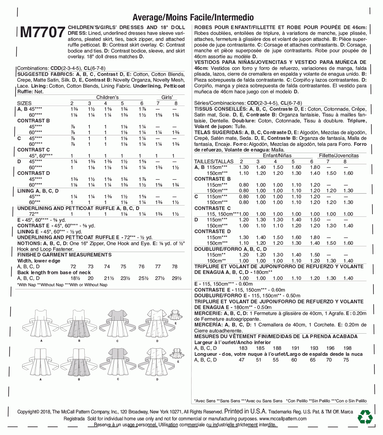 McCall's Pattern M7707 Children/Girls' Dresses and 18 Doll Dress