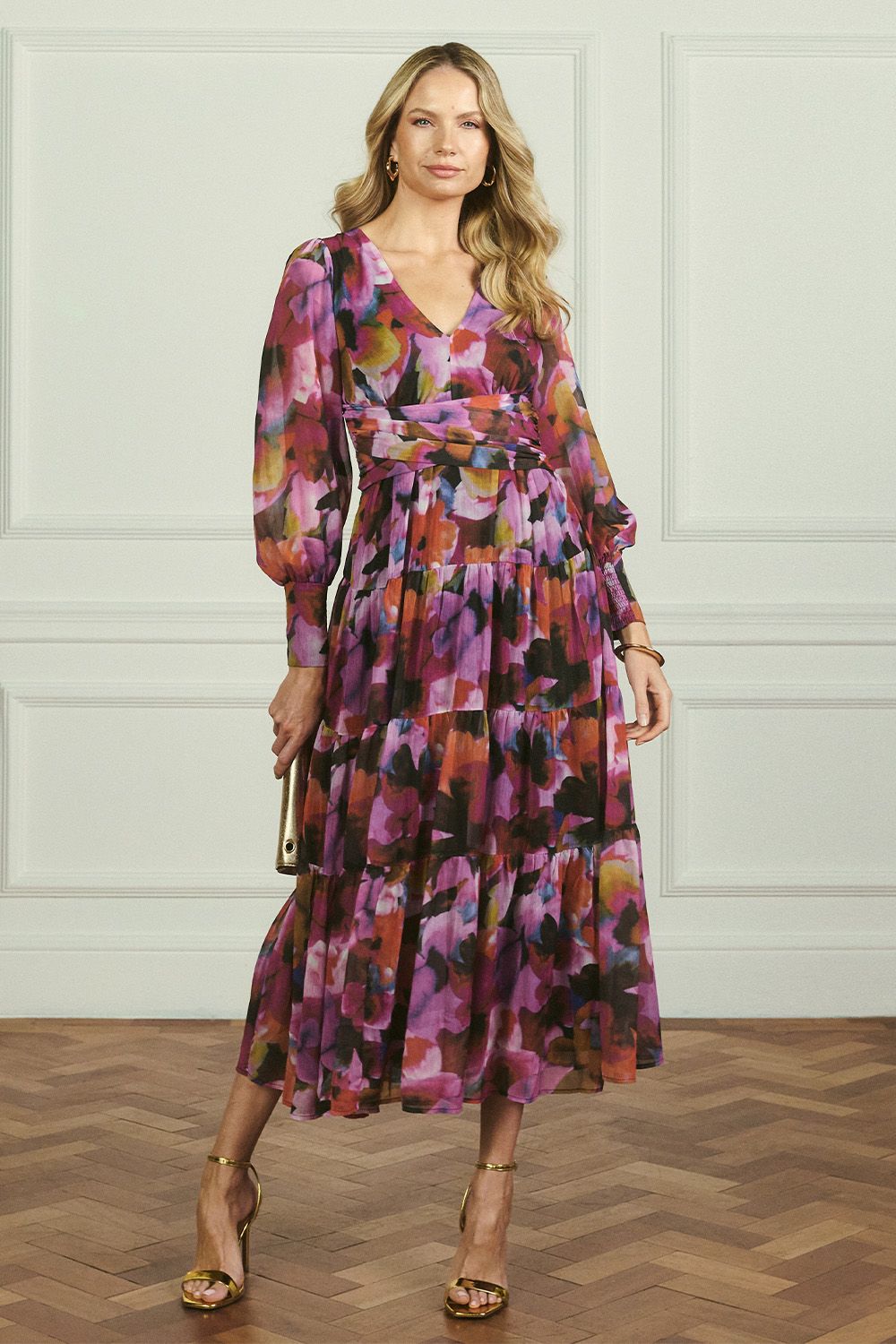 Izabel London Floral Long Sleeve Ruched Maxi Dress