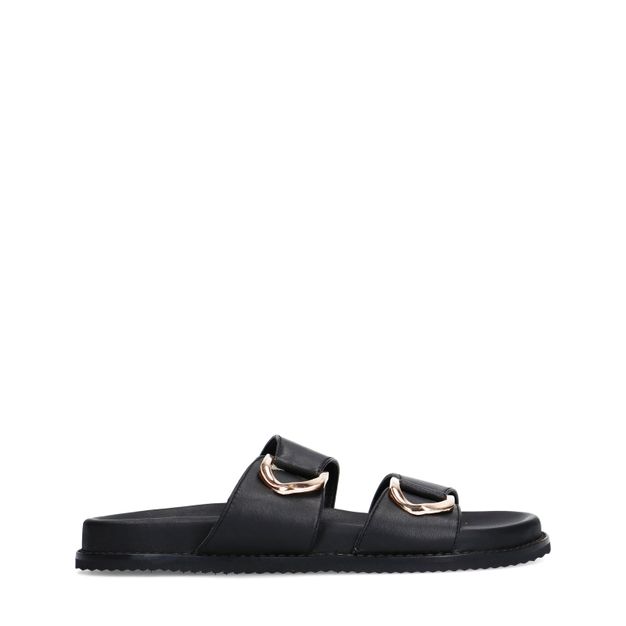 Zwarte leren slippers met goudkleurige details