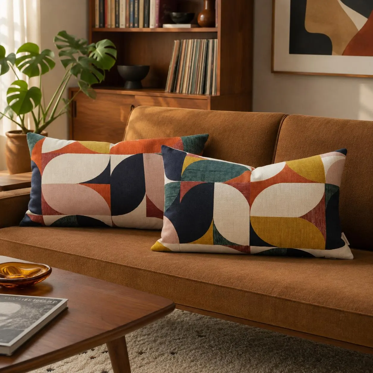 Mid Century Modern Pillow Cover, Colorful Abstract Geometric Lumbar Pillow, Retro 70s Cotton Cushion Case, Navy Rust Mustard Accent Decor