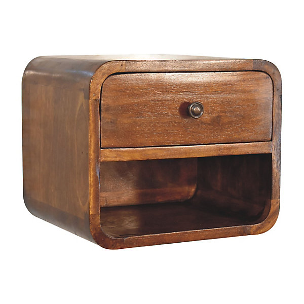 Artisan Furniture Bois massif Mini Curve table de chevet suspendue, 1 tiroir et niche ouverte, marron foncé