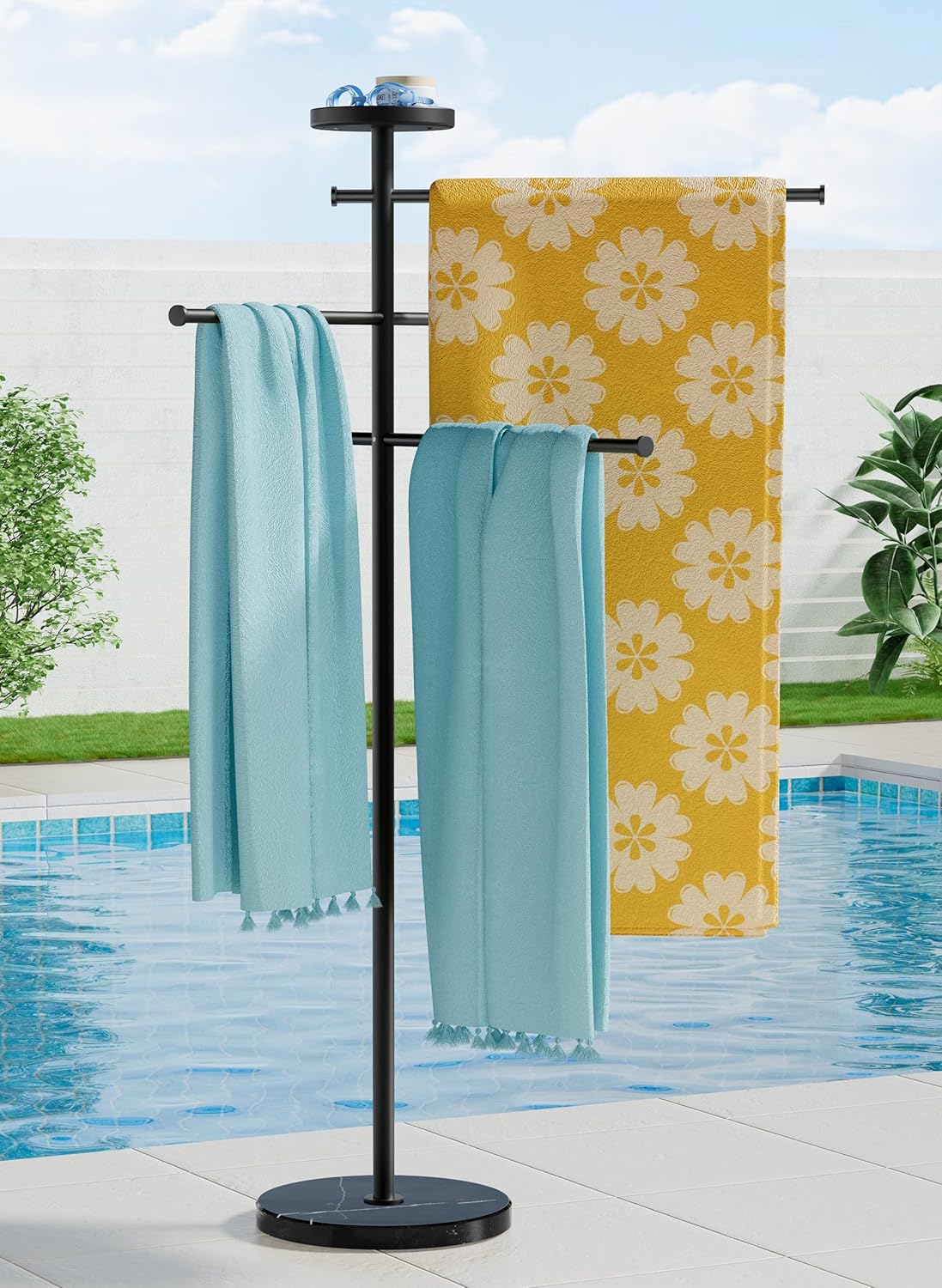 Natural Marble 59 Inch Outdoor Towel Rack with Weighted Base, KES Pool Towel Rack Outdoor for Hot Tub 18/8 Stainless Steel, Adjustable 3 Arms with Storage Tray, Matte Black OTR200-BBK