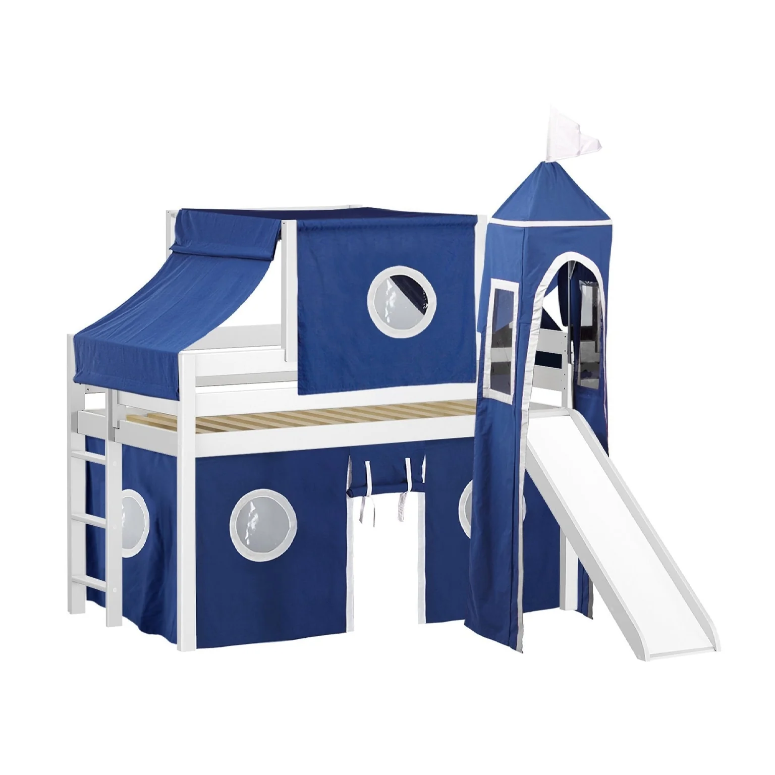 JACKPOT Prince & Princess Low Loft Twin Bed, Ladder Slide Tent & Tower