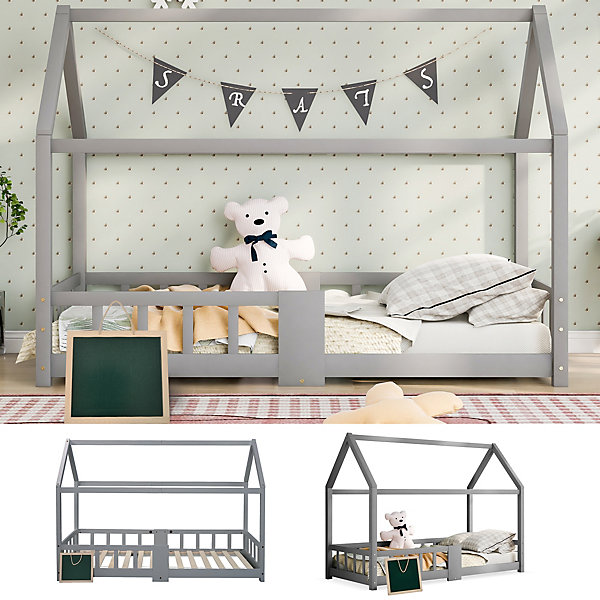 Lit enfant 90 x 200 cm - Lit Cabane avec Tablette et Tableau - Bois de Pin - Sans Matelas - Gris