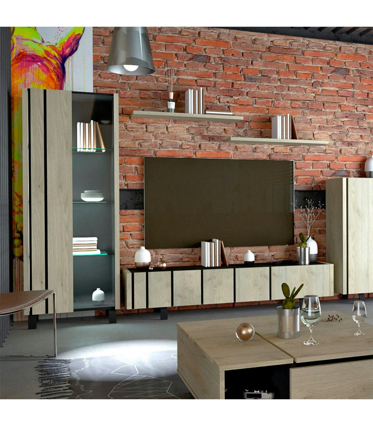 RUSH - Bibliothèque 1 porte avec Vitrine - Effet Chêne et noir