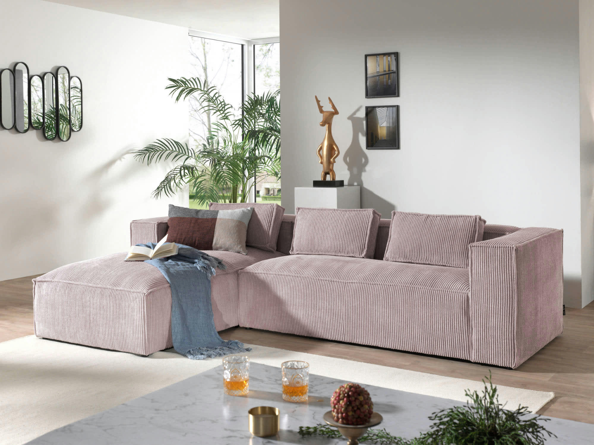 STELLA - Canapé d'angle gauche 4 places en velours côtelé rose