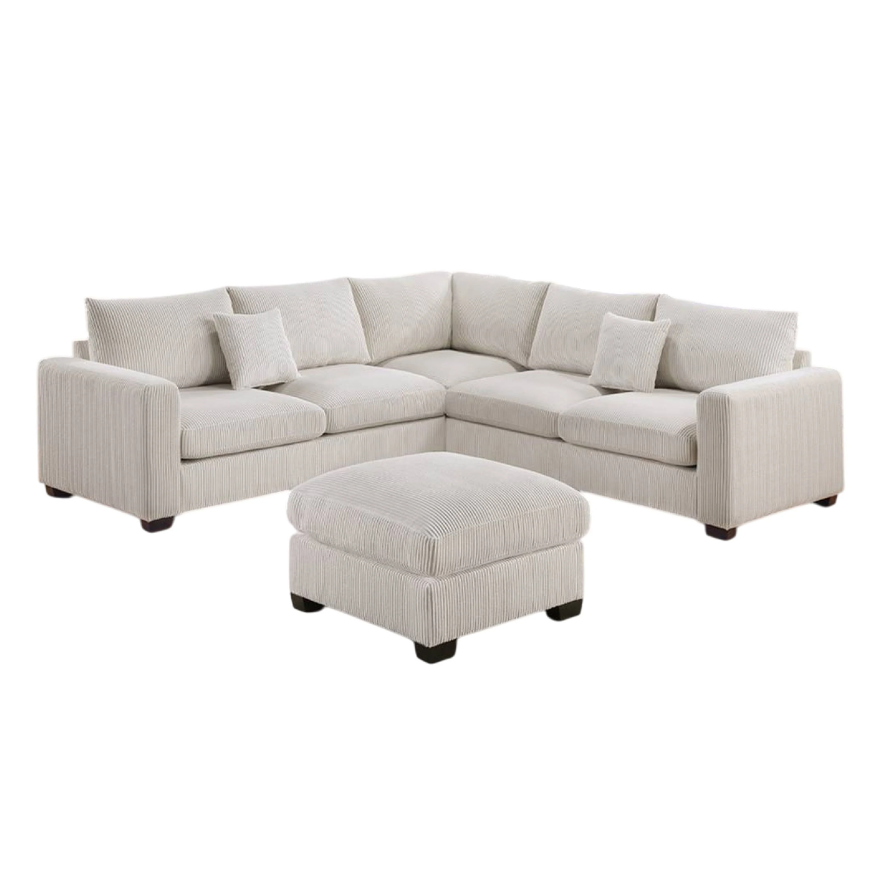 Rey 4pc L Sectional Sofa Set, 2 Accent Pillows, Ivory Corduroy Fabric