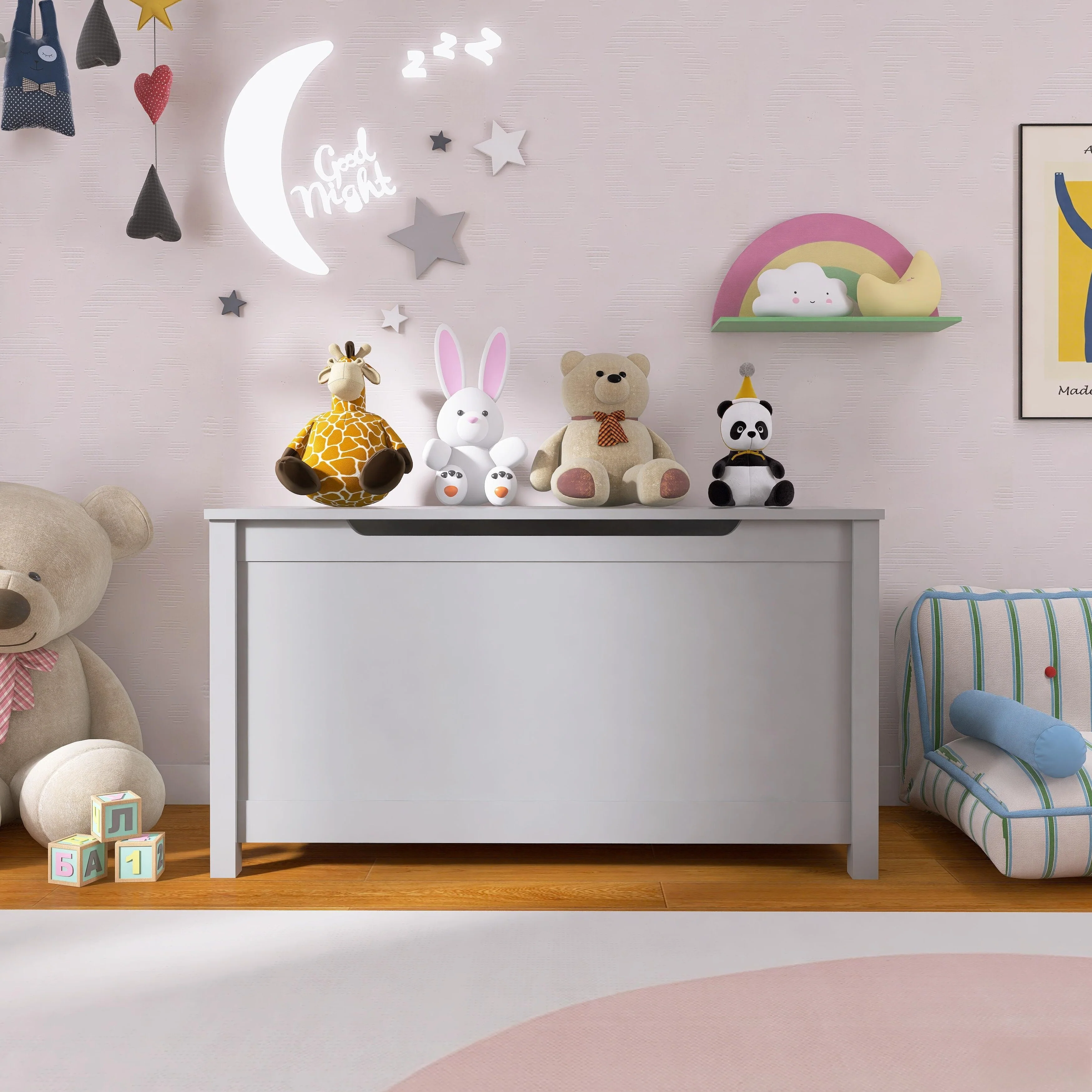 32 Inch Kids Wooden Toy Box Storage with Safety Hinged Lid