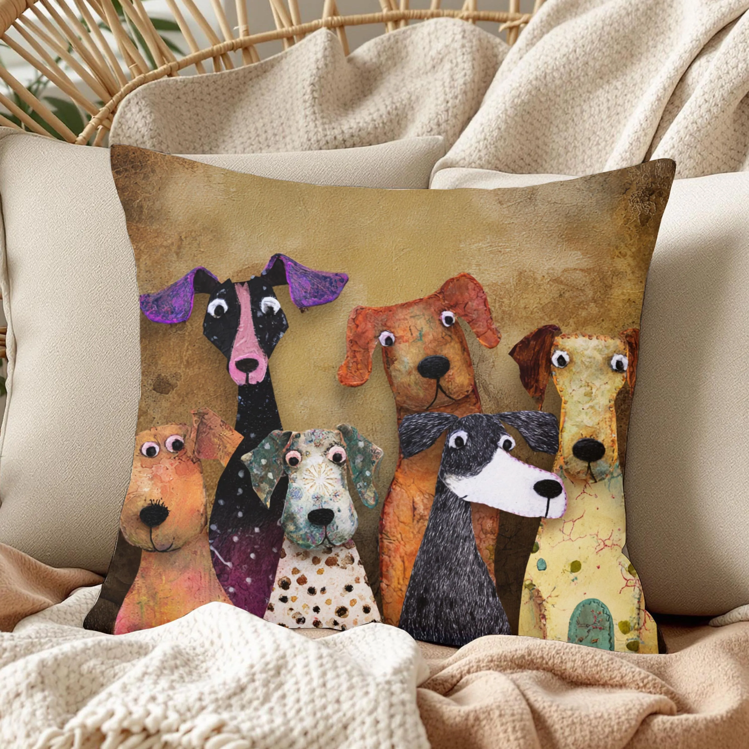 Whimsical Dog Friends Art Pillow, Playful Mixed Breed Illustration Cushion, Colorful Pet Lover Decor, Cheerful Animal Home Accent