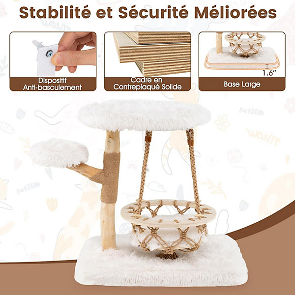 Arbre a Chat 66 CM,3 Niveaux en Bois de Poirier,avec Griffoir Jute,Niche Suspendu et Coussin en Peluche Amovible &Lavable,Beige